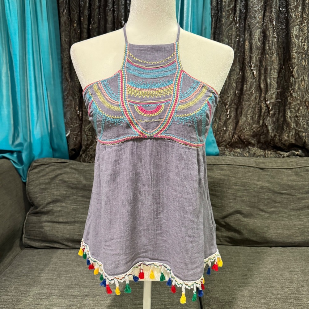 Y2K Coachella Purple Embroidered Halter Top M Tassel Trim Boho Festival‎ Gypsy